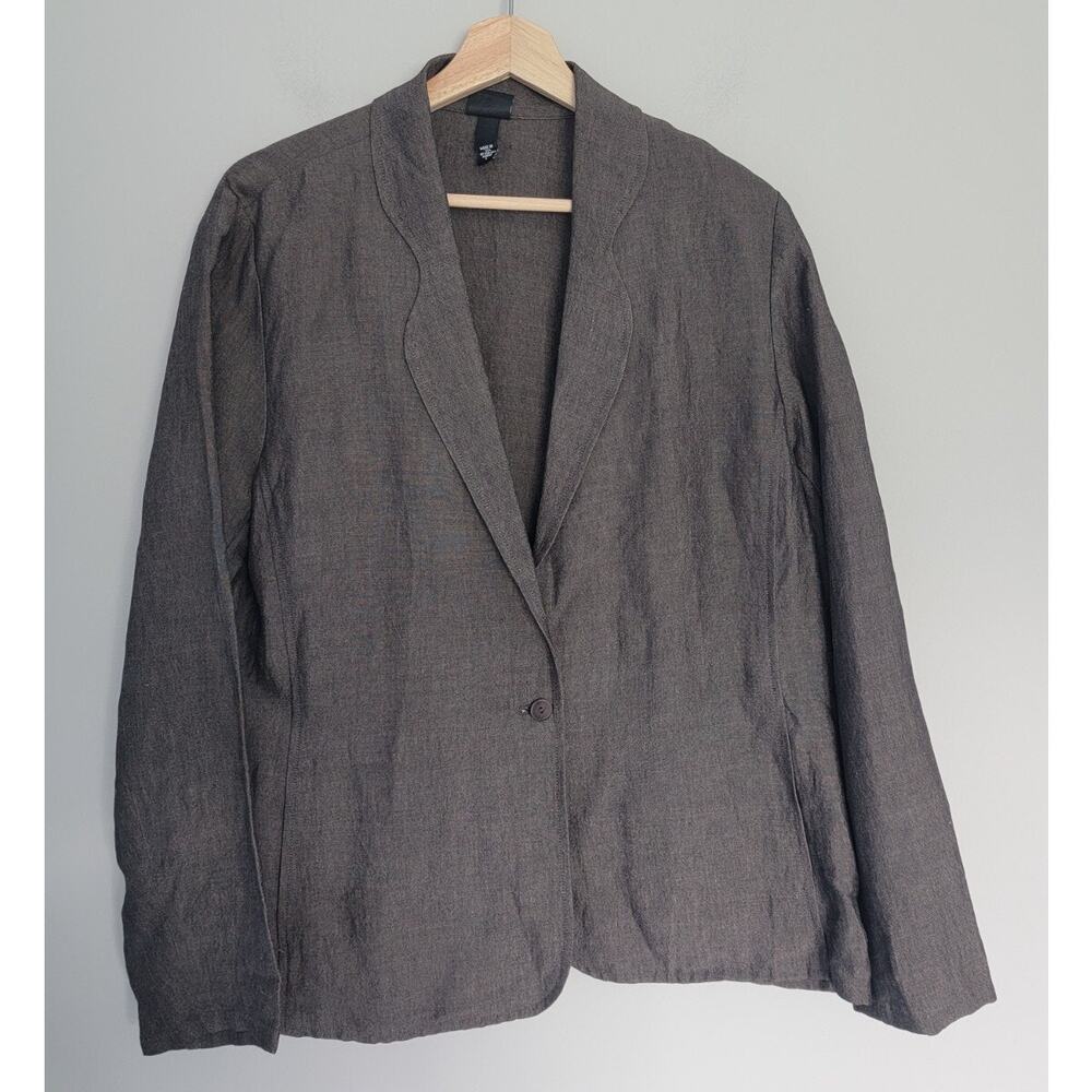 Eileen Fisher Womens L Linen Blend One Button Brown Blazer